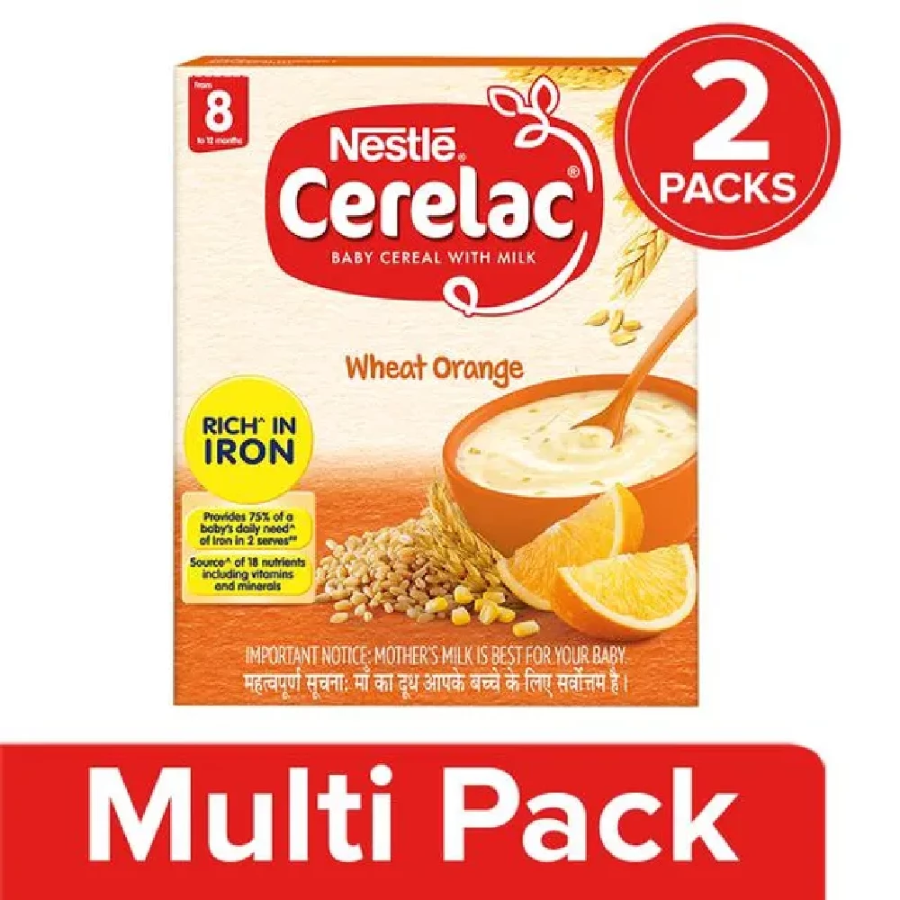 Nestle Cerelac Baby Cereal with Milk, Wheat Orange, From 8 To 24 Months, 300 g (Pack of 2)-1.webp